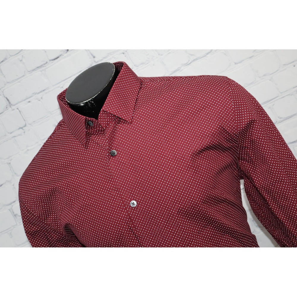 Express Button Up Shirt Mens XL Burgundy Red Polka Dot Modern Fit Long Sleeve